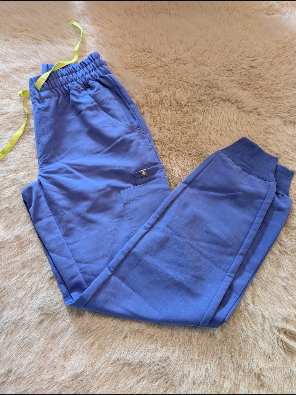Figs Women's Scrub Jogger Pants in Periwinkle Blue with Neon Yellow Drawstring